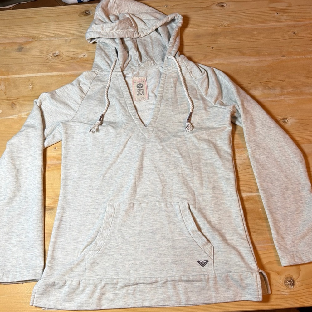 Roxy Womens Heather Gray V-Neck Hoodie Feather Graphic‎ Print Pullover Size M